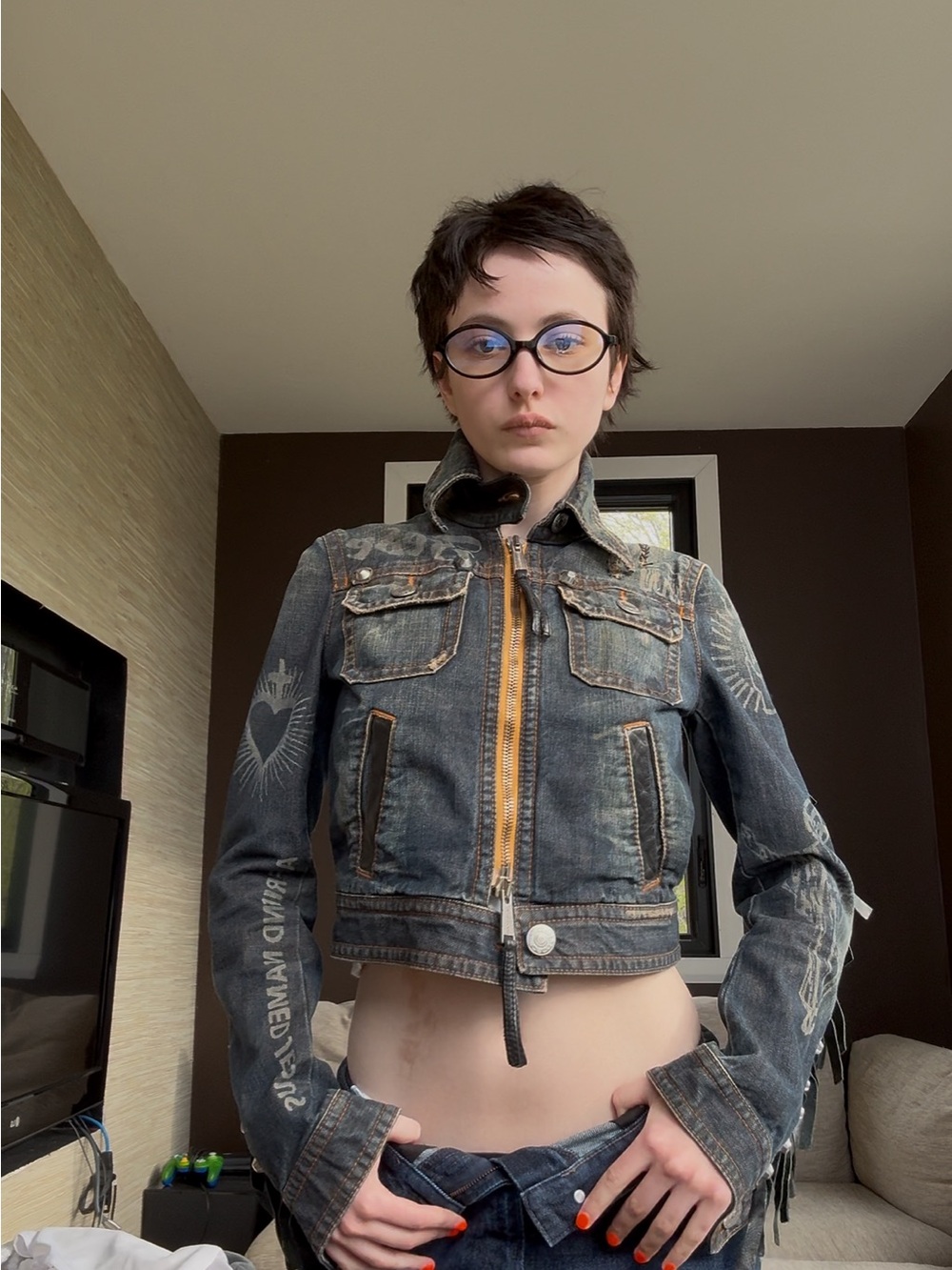 DSQUARED2 Distressed Dark Denim Jean Jacket with Contrast Zipper